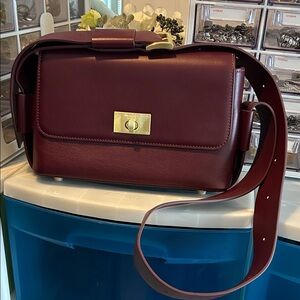 Structured Crossbody Bag in Burgundy with Gold Hardware